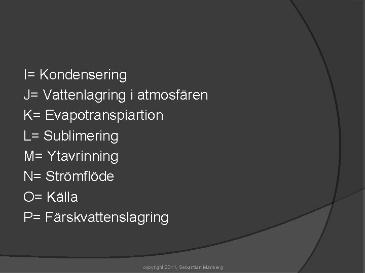 I= Kondensering J= Vattenlagring i atmosfären K= Evapotranspiartion L= Sublimering M= Ytavrinning N= Strömflöde