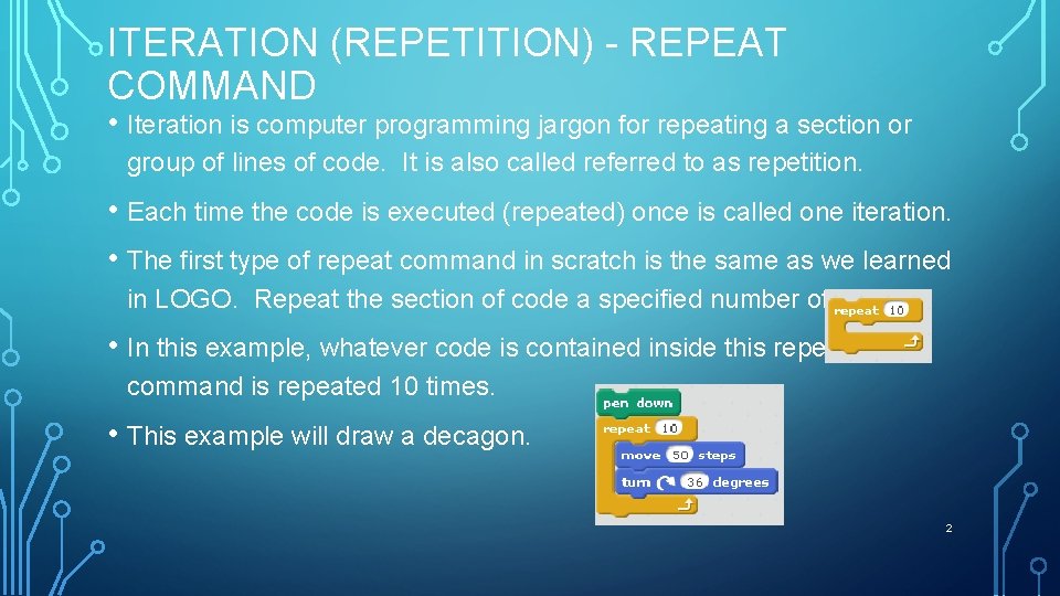 ITERATION (REPETITION) - REPEAT COMMAND • Iteration is computer programming jargon for repeating a