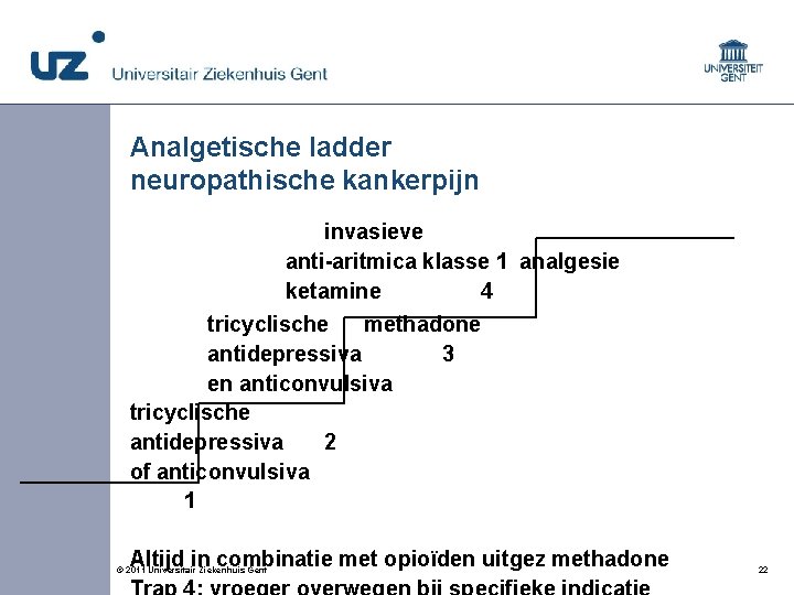 Analgetische ladder neuropathische kankerpijn invasieve anti-aritmica klasse 1 analgesie ketamine 4 tricyclische methadone antidepressiva