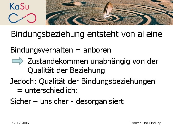 Bindungsbeziehung entsteht von alleine Bindungsverhalten = anboren Zustandekommen unabhängig von der Qualität der Beziehung