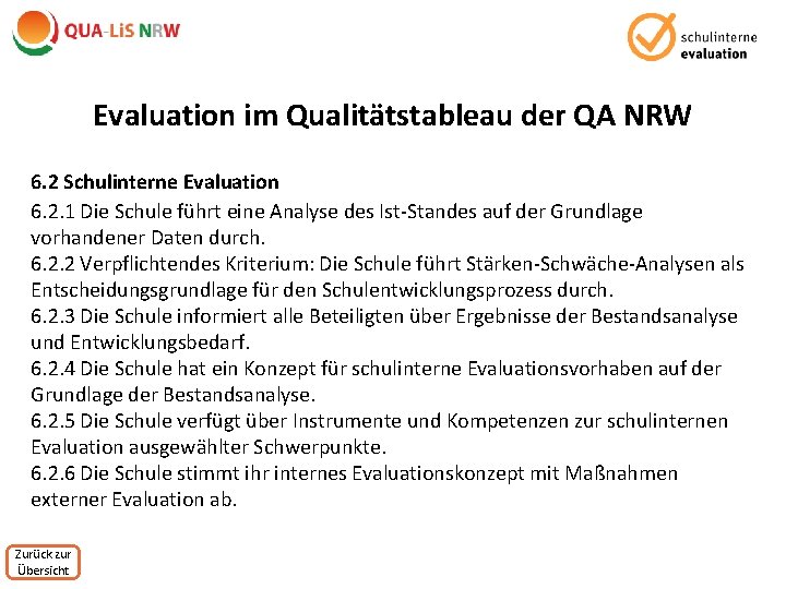 Evaluation im Qualitätstableau der QA NRW 6. 2 Schulinterne Evaluation 6. 2. 1 Die