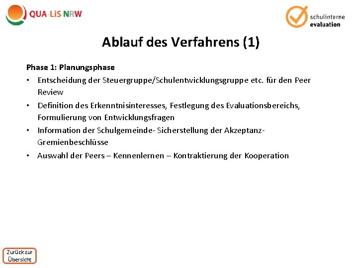 Ablauf des Verfahrens (1) Phase 1: Planungsphase • Entscheidung der Steuergruppe/Schulentwicklungsgruppe etc. für den