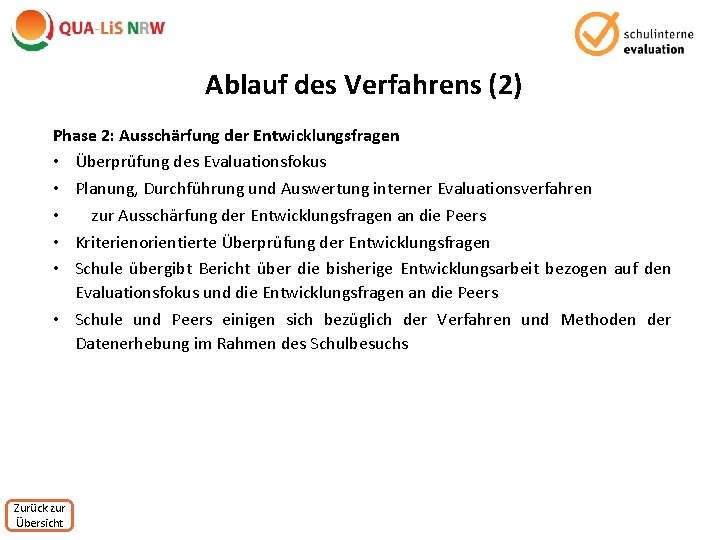 Ablauf des Verfahrens (2) Phase 2: Ausschärfung der Entwicklungsfragen • Überprüfung des Evaluationsfokus •