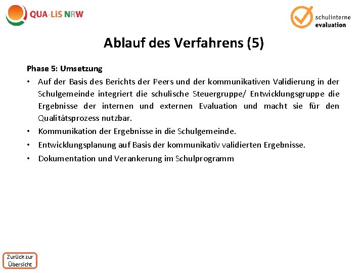 Ablauf des Verfahrens (5) Phase 5: Umsetzung • Auf der Basis des Berichts der