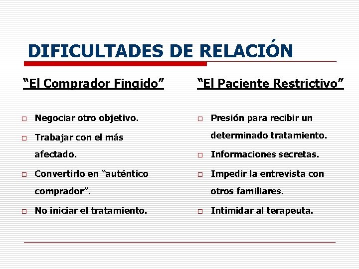 DIFICULTADES DE RELACIÓN “El Comprador Fingido” o Negociar otro objetivo. o Trabajar con el