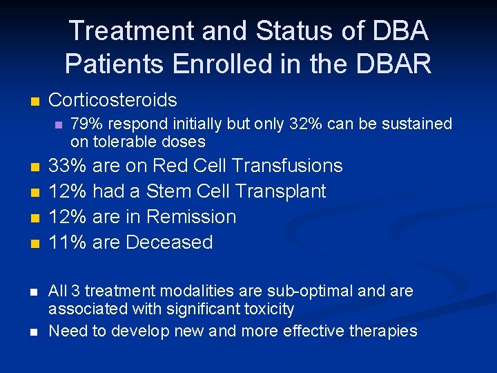 Treatment and Status of DBA Patients Enrolled in the DBAR n Corticosteroids n n
