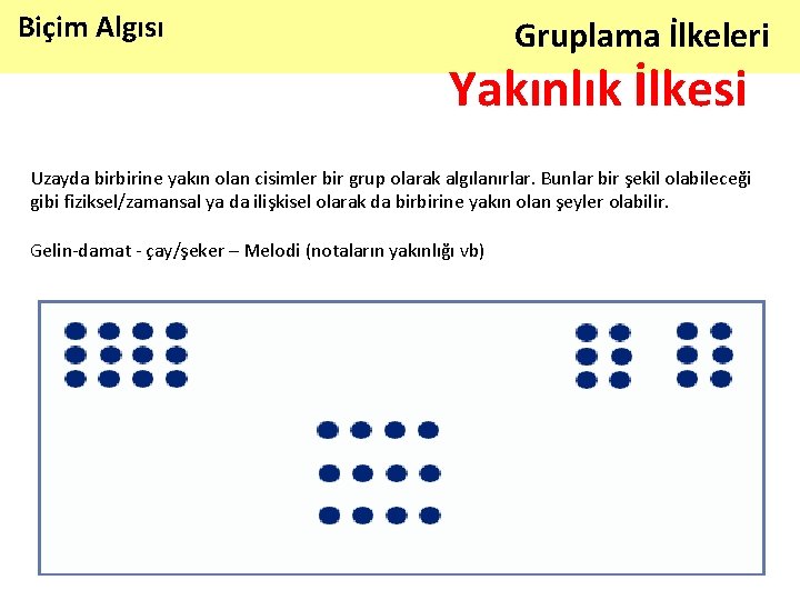 Biçim Algısı Gruplama İlkeleri Yakınlık İlkesi Uzayda birbirine yakın olan cisimler bir grup olarak