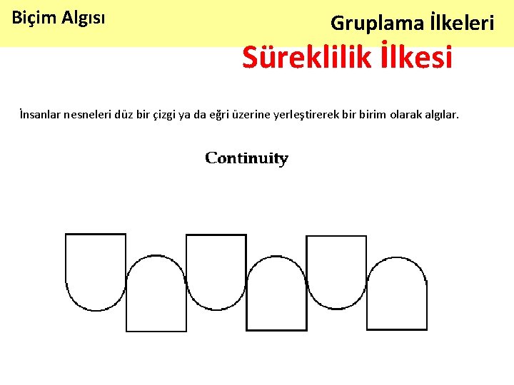 Biçim Algısı Gruplama İlkeleri Süreklilik İlkesi İnsanlar nesneleri düz bir çizgi ya da eğri