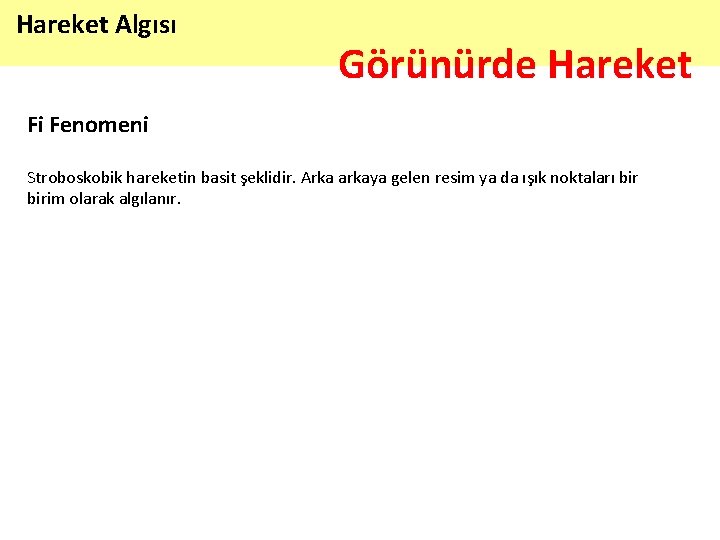 Hareket Algısı Görünürde Hareket Fi Fenomeni Stroboskobik hareketin basit şeklidir. Arka arkaya gelen resim