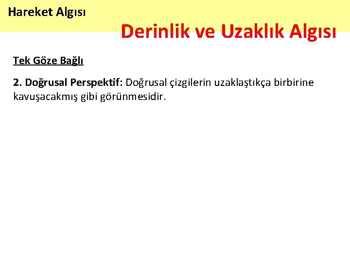 Hareket Algısı Derinlik ve Uzaklık Algısı Tek Göze Bağlı 2. Doğrusal Perspektif: Doğrusal çizgilerin