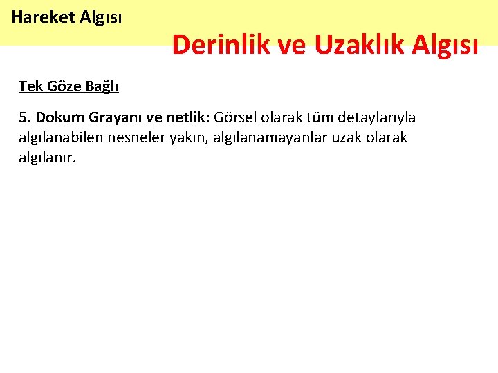 Hareket Algısı Derinlik ve Uzaklık Algısı Tek Göze Bağlı 5. Dokum Grayanı ve netlik: