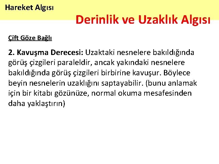 Hareket Algısı Derinlik ve Uzaklık Algısı Çift Göze Bağlı 2. Kavuşma Derecesi: Uzaktaki nesnelere