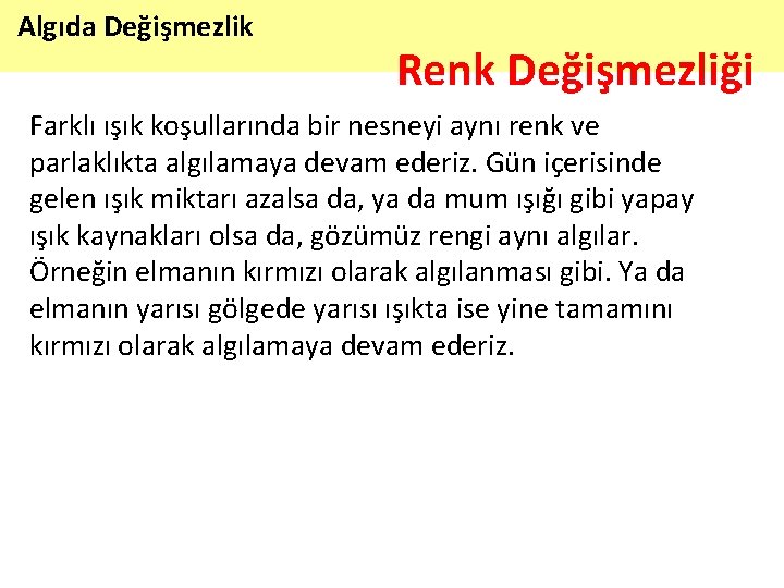 Algıda Değişmezlik Renk Değişmezliği Farklı ışık koşullarında bir nesneyi aynı renk ve parlaklıkta algılamaya