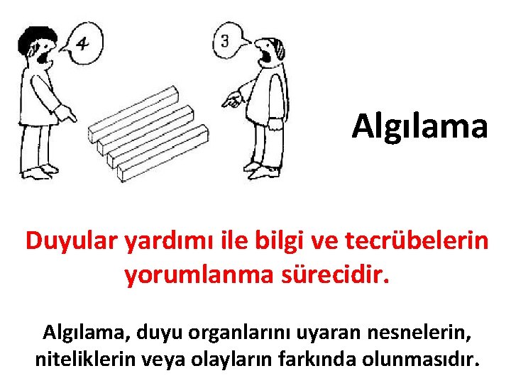 Algılama Duyular yardımı ile bilgi ve tecrübelerin yorumlanma sürecidir. Algılama, duyu organlarını uyaran nesnelerin,