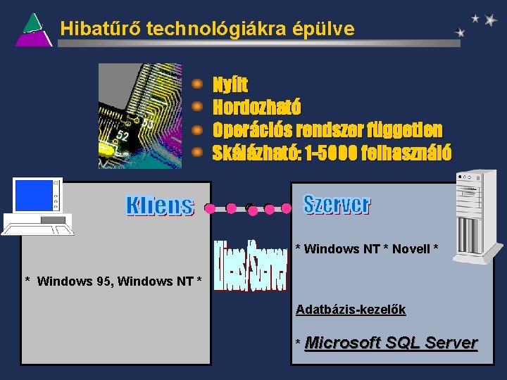 Hibatűrő technológiákra épülve Nyílt Hordozható Operációs rendszer független Skálázható: 1 -5000 felhasználó * Windows