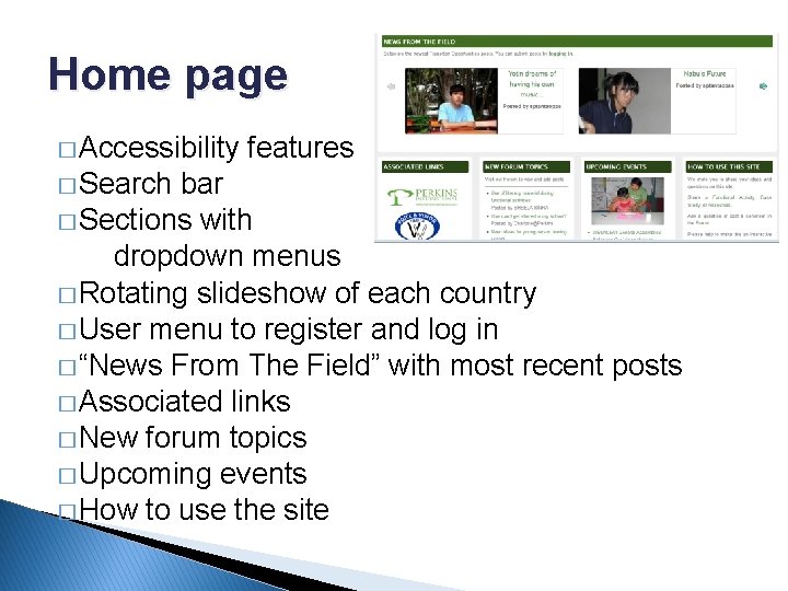 Home page � Accessibility � Search features bar � Sections with dropdown menus �