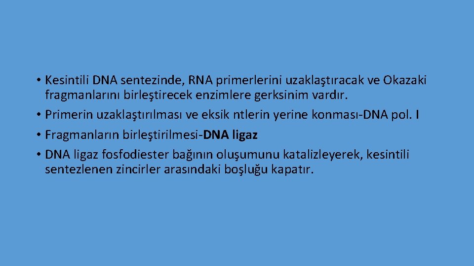  • Kesintili DNA sentezinde, RNA primerlerini uzaklaştıracak ve Okazaki fragmanlarını birleştirecek enzimlere gerksinim