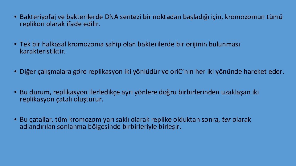  • Bakteriyofaj ve bakterilerde DNA sentezi bir noktadan başladığı için, kromozomun tümü replikon