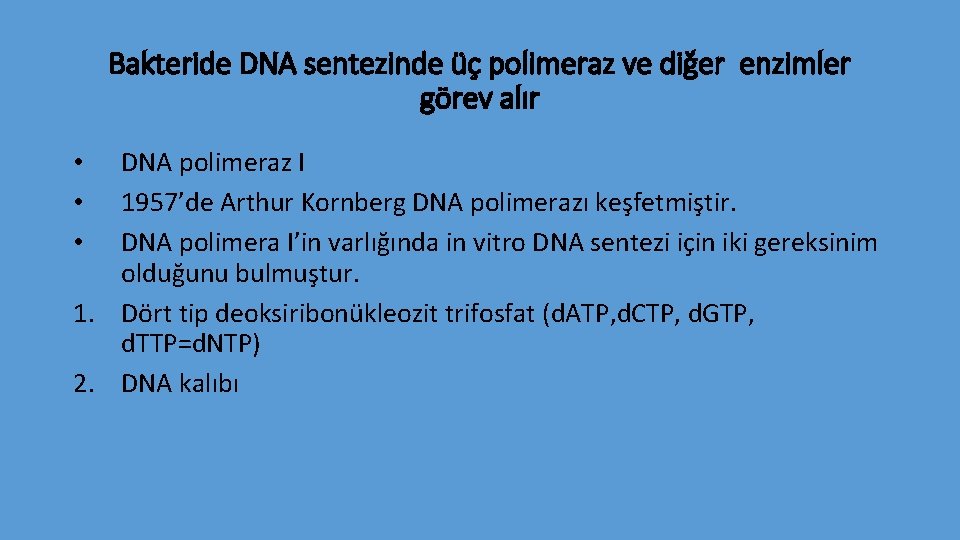 Bakteride DNA sentezinde üç polimeraz ve diğer enzimler görev alır DNA polimeraz I 1957’de