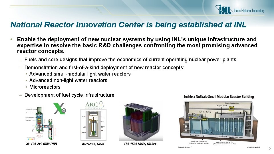 National Reactor Innovation Center is being established at INL • Enable the deployment of