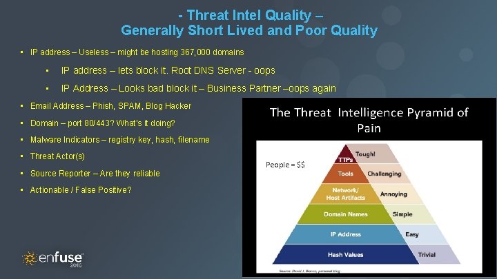 - Threat Intel Quality – Generally Short Lived and Poor Quality Master Title •