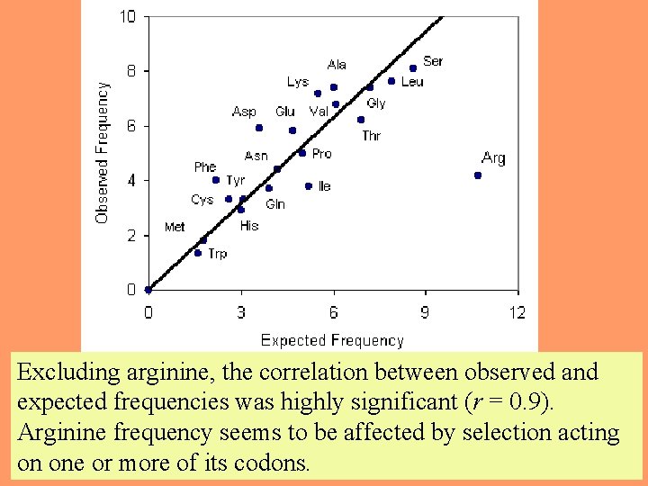 Excluding arginine, the correlation between observed and expected frequencies was highly significant (r =