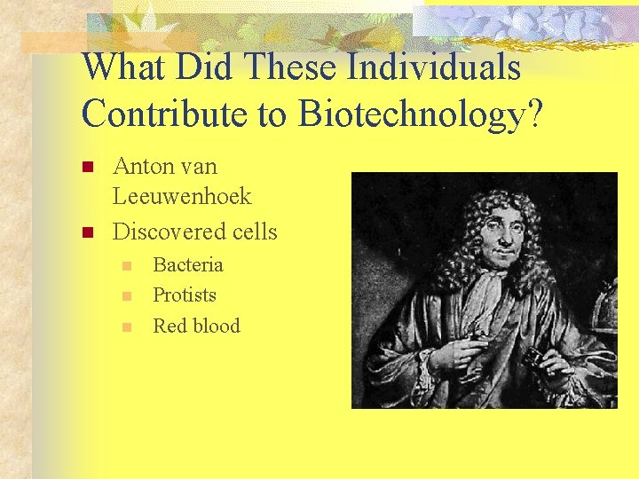 What Did These Individuals Contribute to Biotechnology? n n Anton van Leeuwenhoek Discovered cells