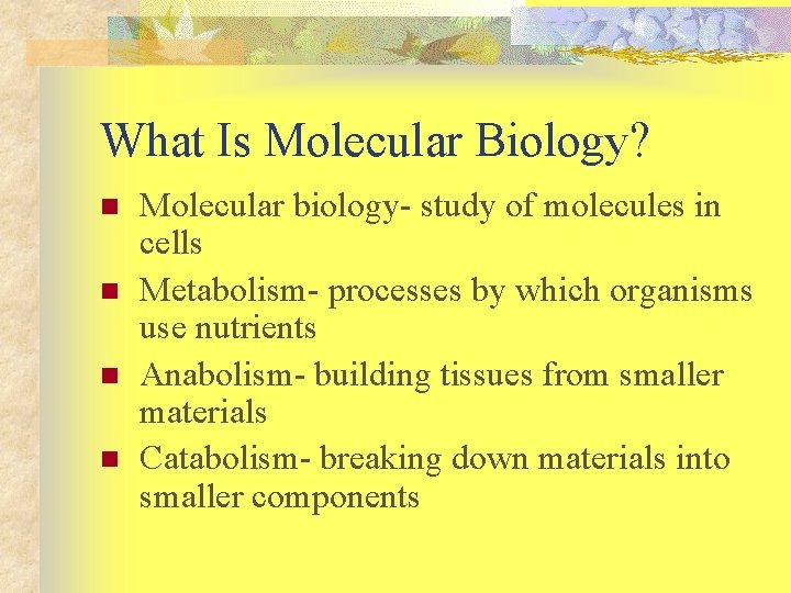 What Is Molecular Biology? n n Molecular biology- study of molecules in cells Metabolism-