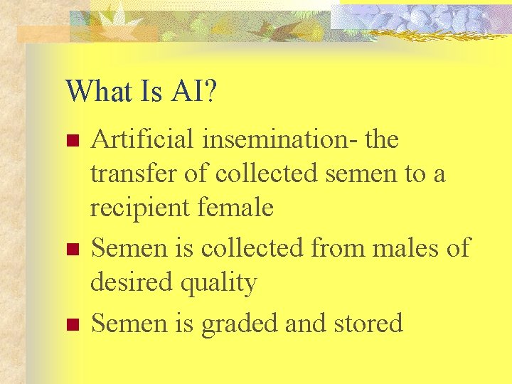 What Is AI? n n n Artificial insemination- the transfer of collected semen to