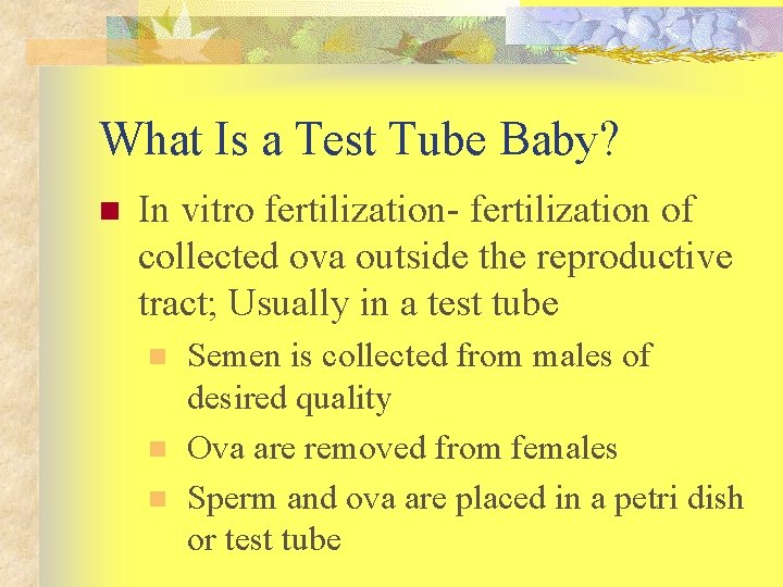 What Is a Test Tube Baby? n In vitro fertilization- fertilization of collected ova