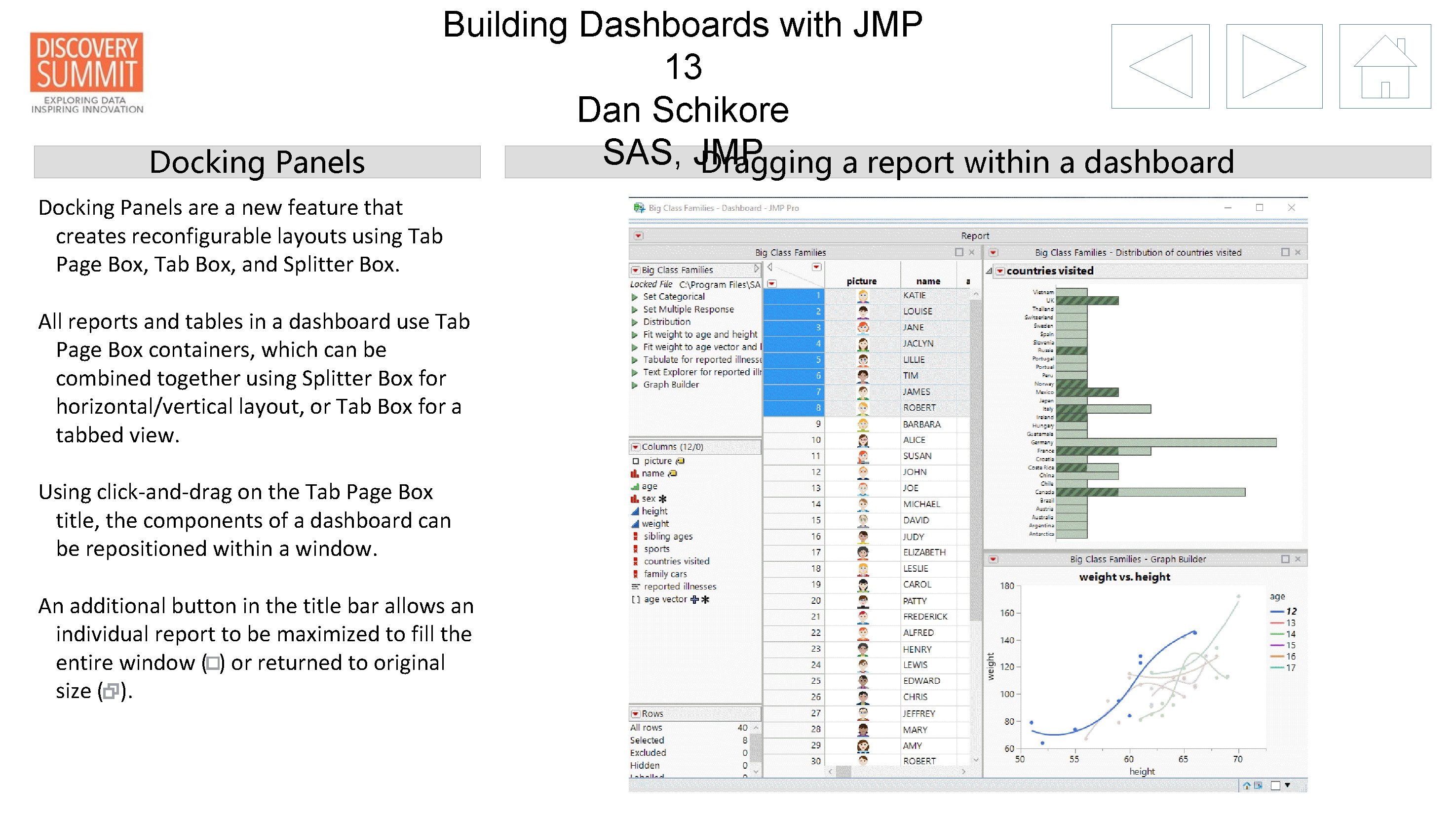 Docking Panels Building Dashboards with JMP 13 Dan Schikore SAS, JMP Dragging a report
