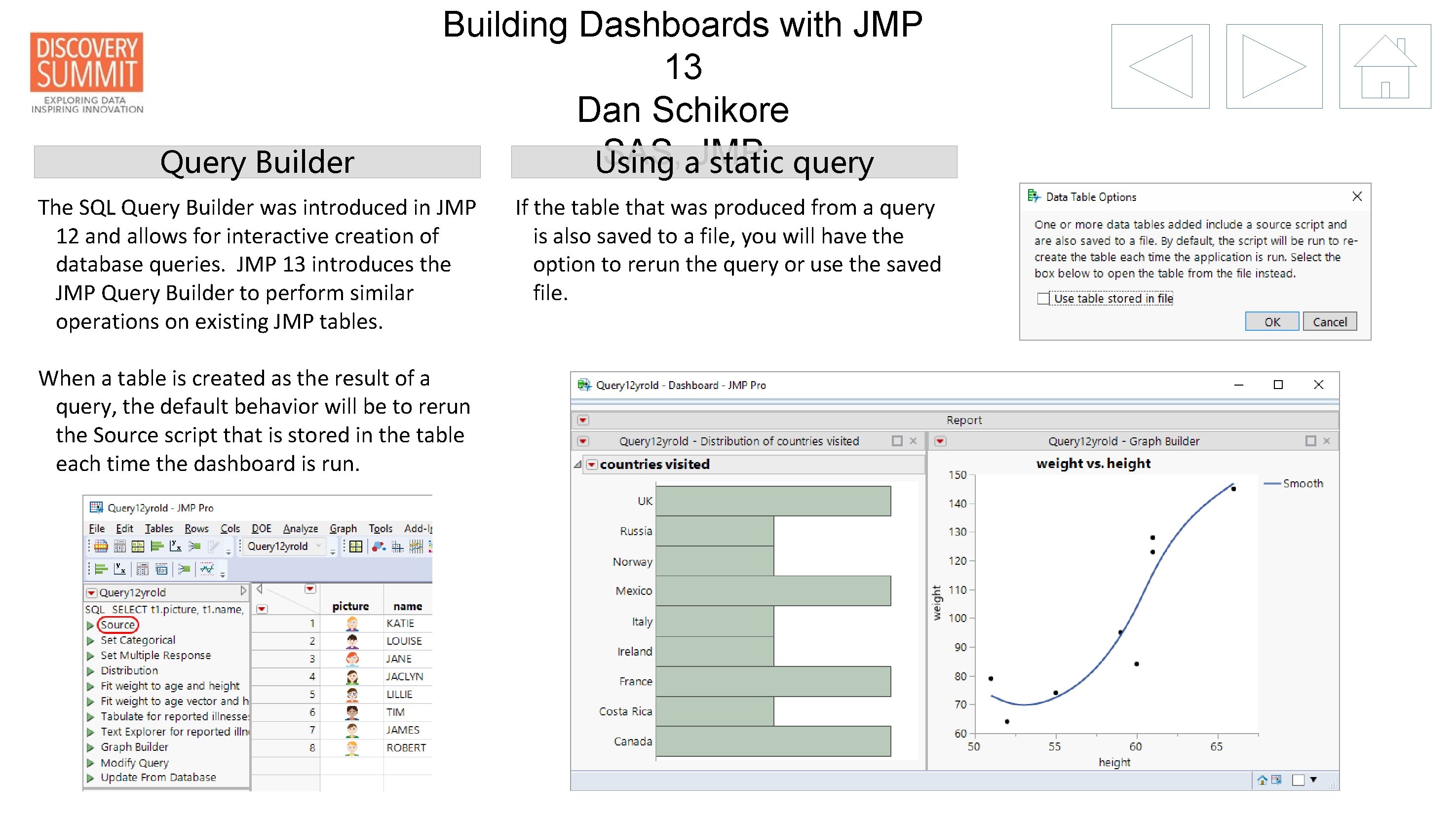 Query Builder Building Dashboards with JMP 13 Dan Schikore SAS, JMP Using a static