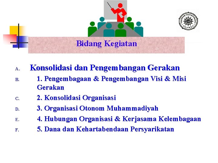 Bidang Kegiatan A. B. C. D. E. F. Konsolidasi dan Pengembangan Gerakan 1. Pengembagaan