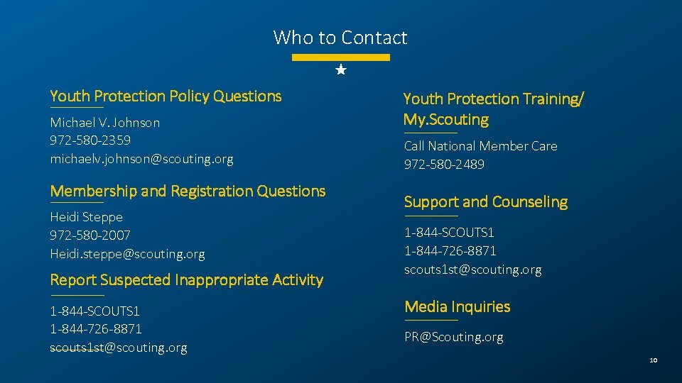 Who to Contact Youth Protection Policy Questions Michael V. Johnson 972 -580 -2359 michaelv.