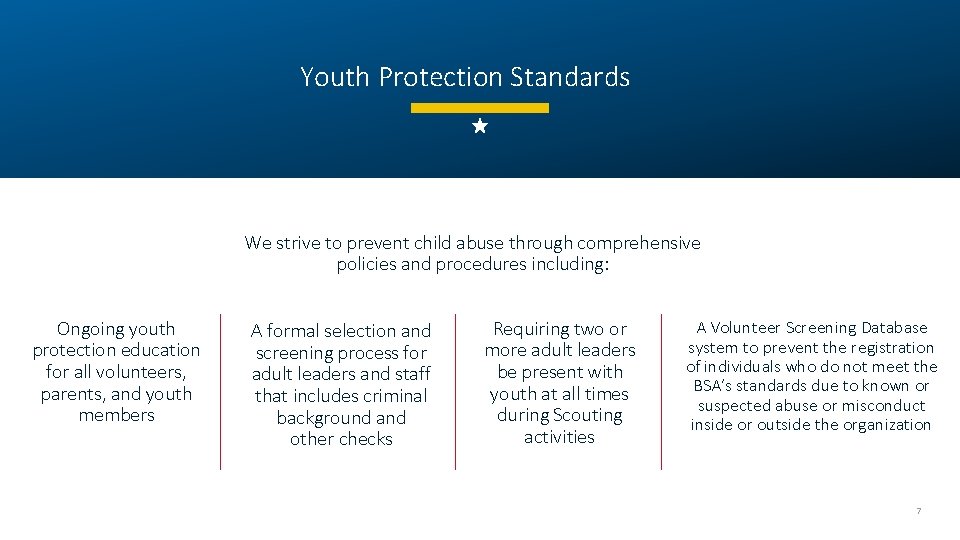 Youth Protection Standards We strive to prevent child abuse through comprehensive policies and procedures