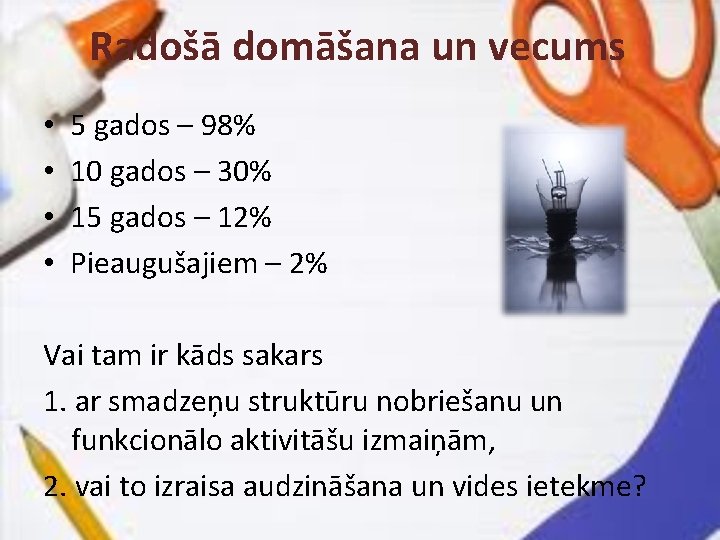 Radošā domāšana un vecums • • 5 gados – 98% 10 gados – 30%