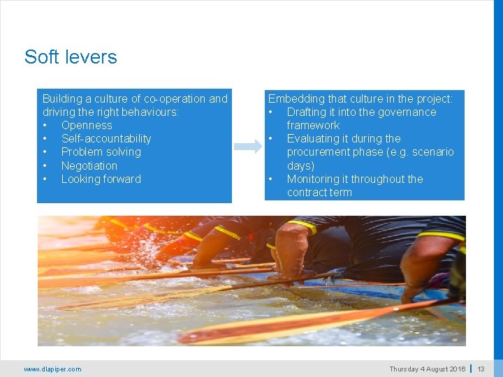 Soft levers Building a culture of co-operation and driving the right behaviours: • Openness