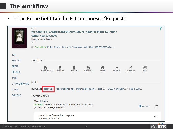 The workflow • In the Primo Get. It tab the Patron chooses “Request”. ©