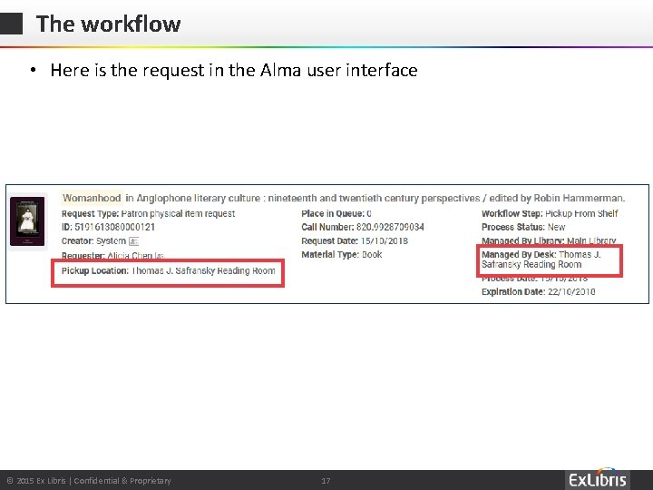 The workflow • Here is the request in the Alma user interface © 2015