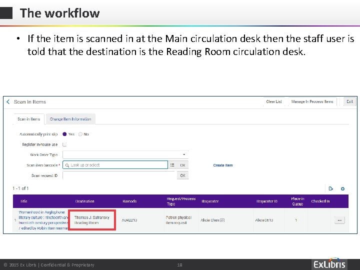 The workflow • If the item is scanned in at the Main circulation desk