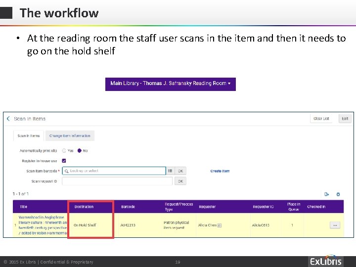 The workflow • At the reading room the staff user scans in the item