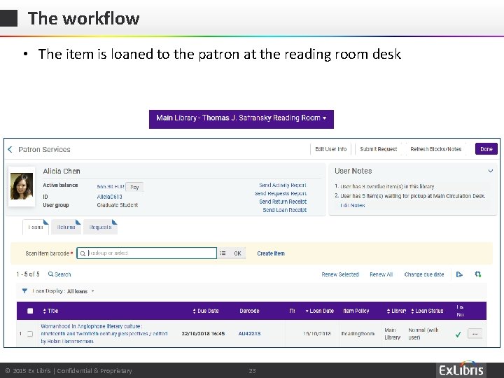 The workflow • The item is loaned to the patron at the reading room