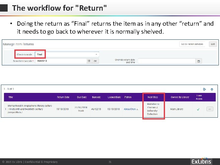 The workflow for "Return" • Doing the return as “Final” returns the item as