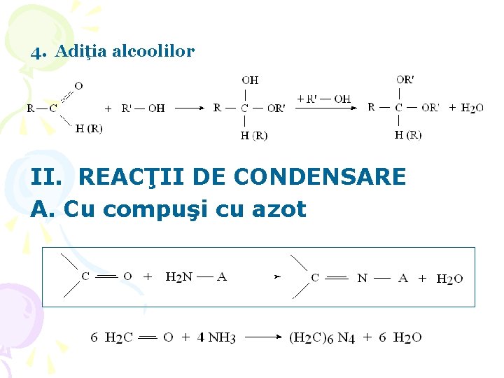 4. Adiţia alcoolilor II. REACŢII DE CONDENSARE A. Cu compuşi cu azot 4. Adiţia alcoolilor II. REACŢII DE CONDENSARE A. Cu compuşi cu azot