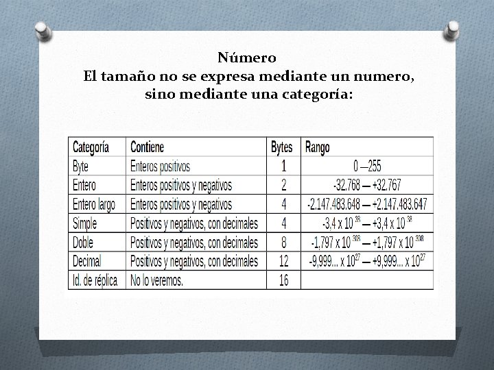 Número El tamaño no se expresa mediante un numero, sino mediante una categoría: 