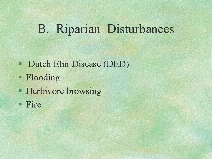 B. Riparian Disturbances § § Dutch Elm Disease (DED) Flooding Herbivore browsing Fire 