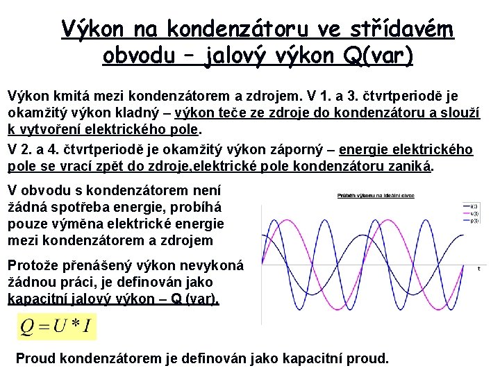 Výkon na kondenzátoru ve střídavém obvodu – jalový výkon Q(var) Výkon kmitá mezi kondenzátorem