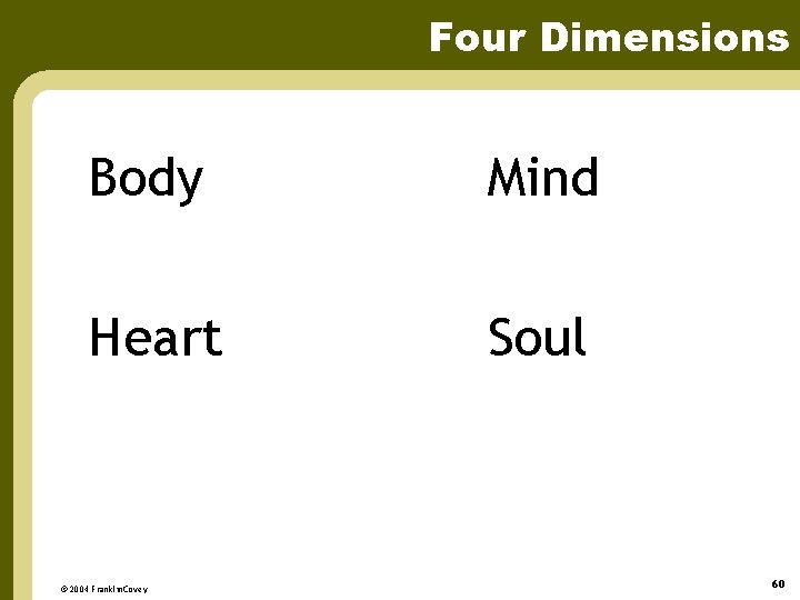 Four Dimensions Body Mind Heart Soul © 2004 Franklin. Covey 60 
