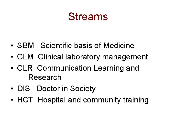 Streams • SBM Scientific basis of Medicine • CLM Clinical laboratory management • CLR