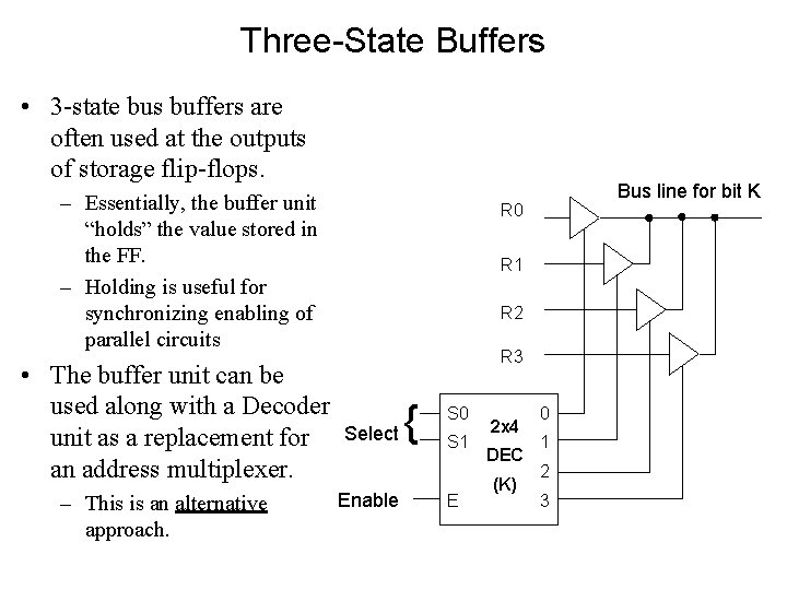 Three-State Buffers • 3 -state bus buffers are often used at the outputs of